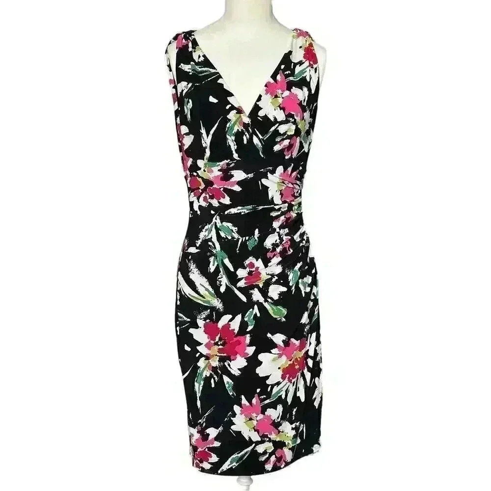 LRL Ralph Lauren Womens Sheath Dress Black Floral Draped V Neck Size 2